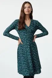 Green Floral Midi Printed Midi Double Breasted Skater/Waist Open Elastic Knit Dress