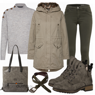 Outfit mit Grün Stiefel Rieker "ONLY Parka hellbeige"