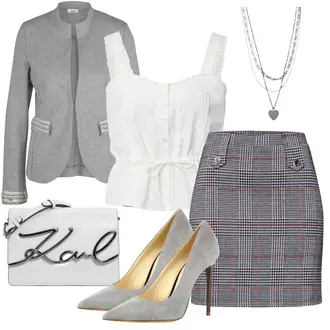 Outfit mit Grau/Dunkelgrau/Dunkelblau/Blau/Lila Short Große Größe/Strick Große/70er Minirock/Boucle Rock/Hahnentritt Rock/Minirock/Karierter Rock/Tweed Rock About You "Schickes Outfit für die Konferenz"