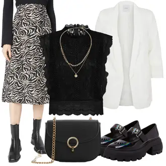 Midi Outfit mit Schwarz/Dunkelgrau/Weiß/Braun Short Große Größe/Kleid Große Größe/Hose Große Größe/80er Rock/90er Rock/Wadenlanger Rock/Christlicher Rock/Midirock/Moderne Rock/Bedruckter Rock/Wickelrock Object "Modisches Frühlings Outfit"